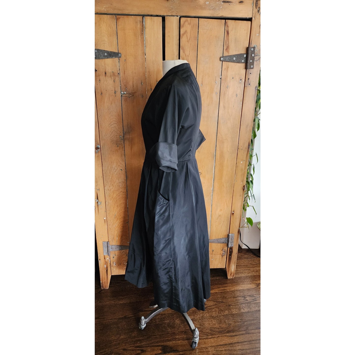 1950s Black Satin Shirt Dress Short Sleeves