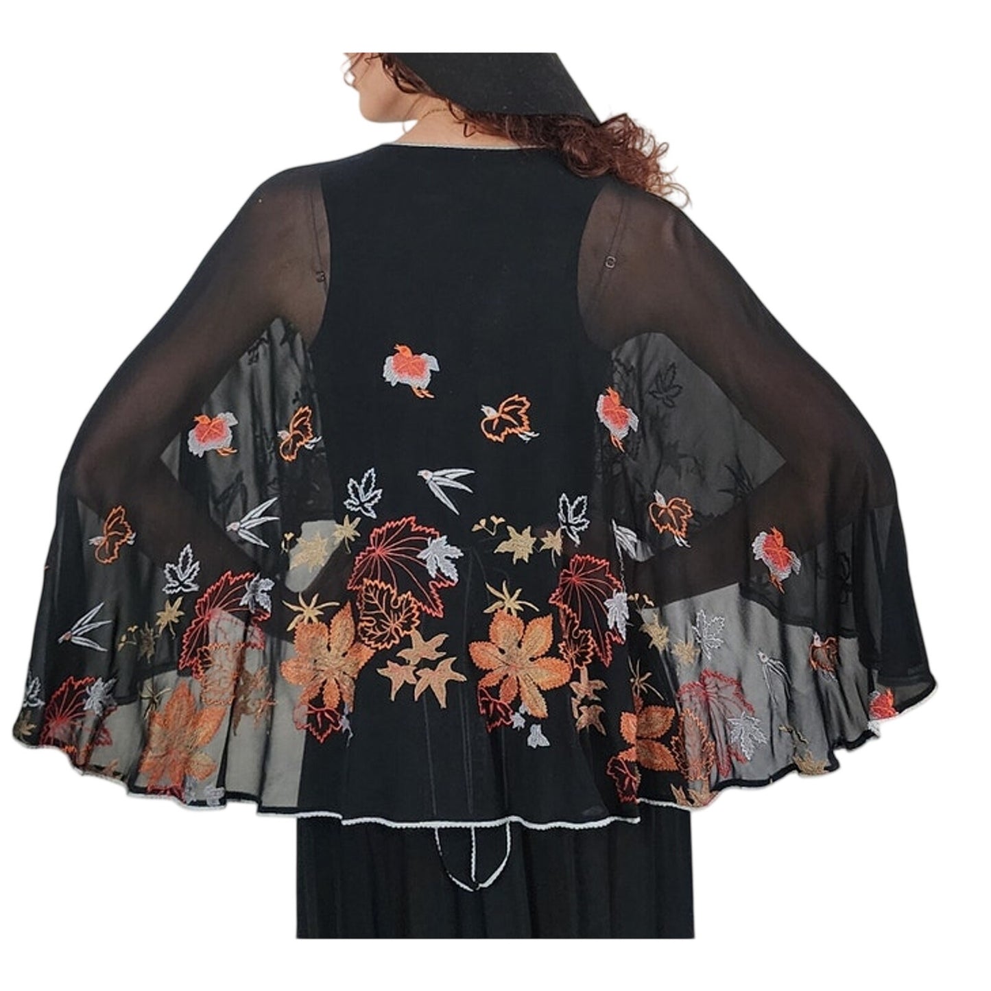 Vintage 1970s Janice Wainwright Dress Embroidered Black Maxi Butterfly Sleeves XS Tall
