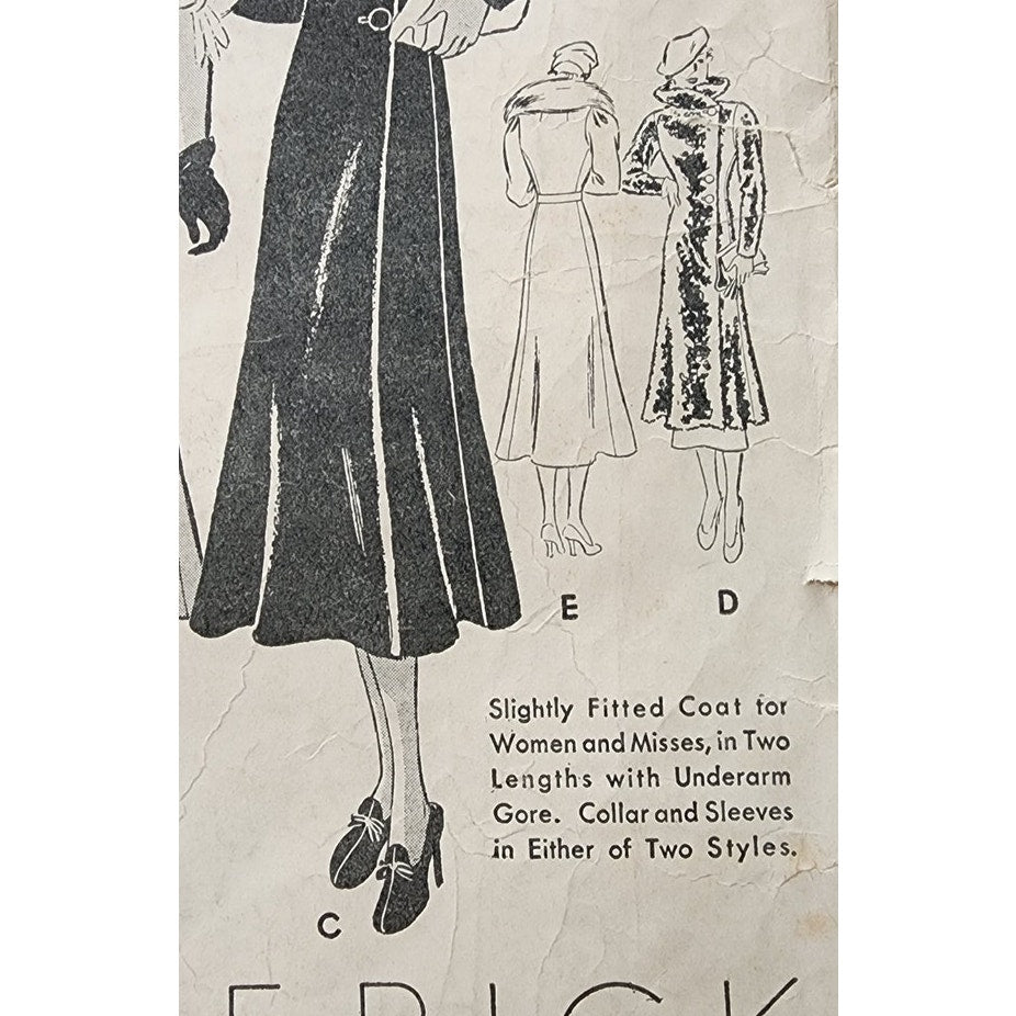 Vintage 30s Sewing Pattern of Fitted Coat w/Collar Butterick 7097 Size 33 Bust