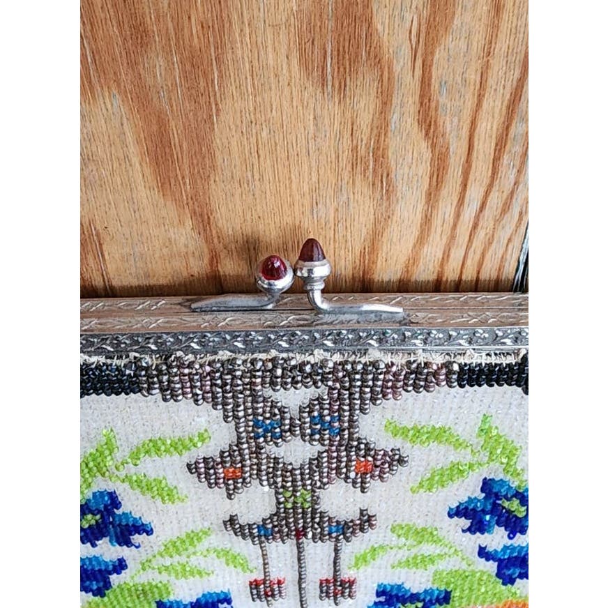 Antique Glass Bead Bag Edwardian Purse Floral Rose Pattern