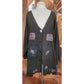 Vintage 1990s Blue Fish Top Cardigan 1999 Earth Garden Gray Linen Patchwork Hand Painted V Neck