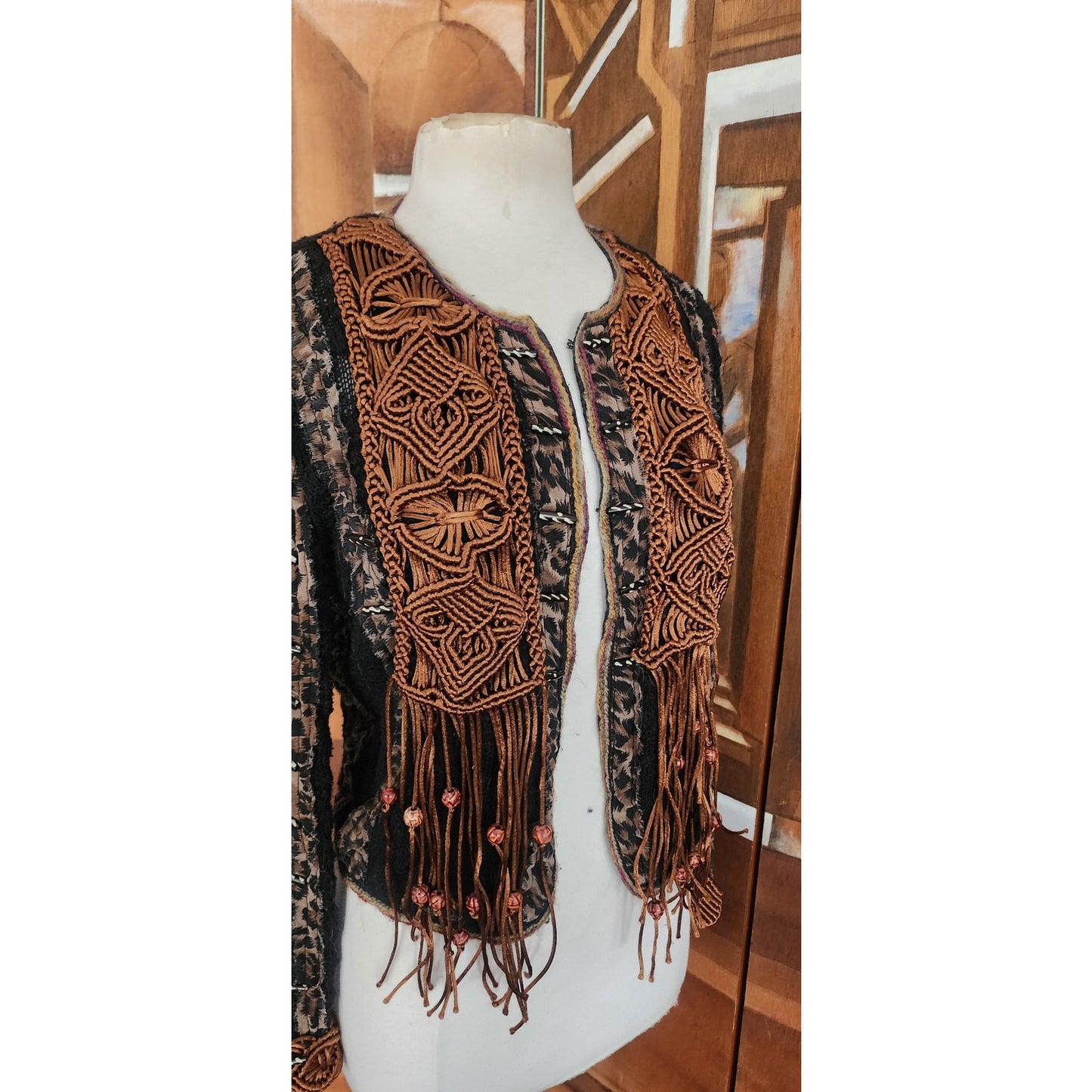 Vintage 90s Sandy Starkman Bohemian Crochet  Embellished Fringe Jacket Art to Wear