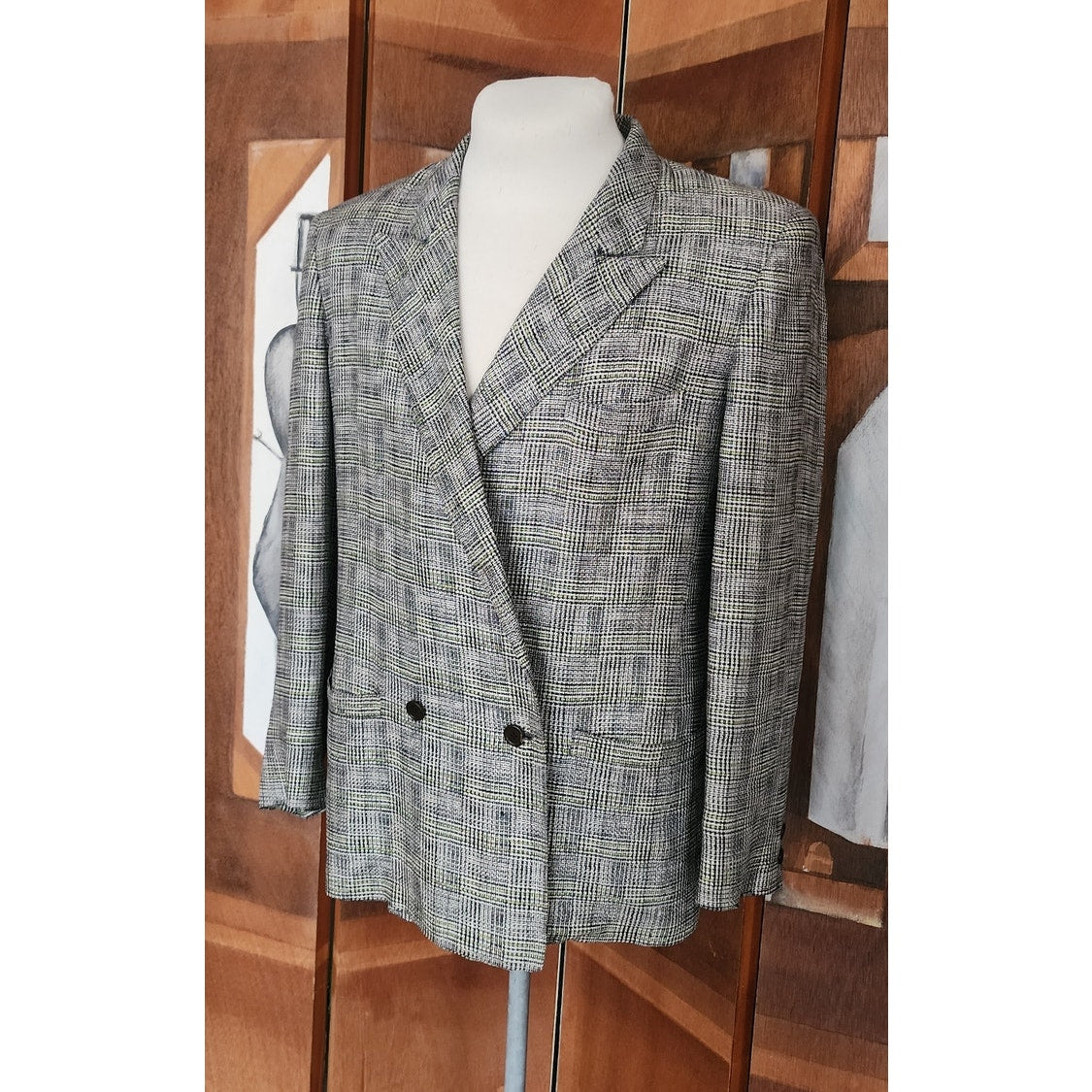 Vintage 80s Gucci Mens Blazer Gray Plaid Linen Double Breasted Sz 48