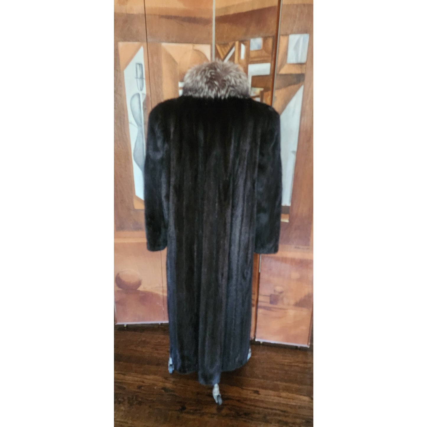 Vintage 80s Ranch Mink Black Fur Coat Long Silver Fox Tuxedo Collar Maxi
