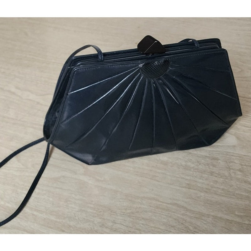 Vintage 80s Art Deco Purse Shoulder Bag / Clutch Navy Blue Leather Jay Herbert