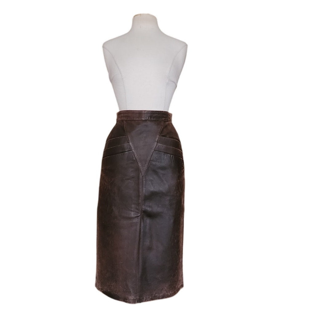 Vintage 80s Brown Leather Pencil Skirt High Waisted Geometric Accent Stitching