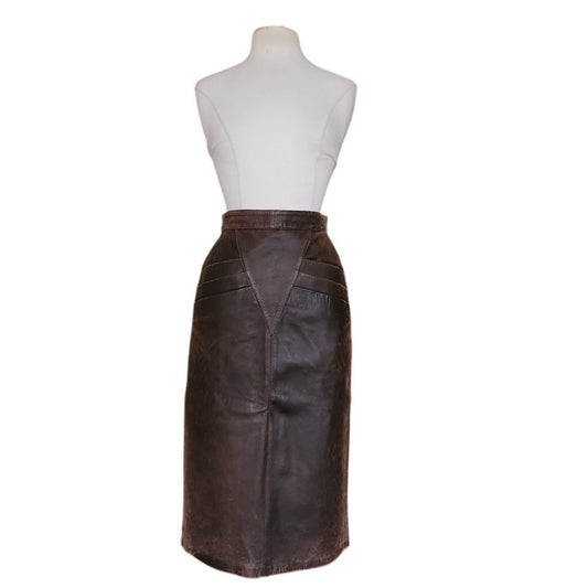 Vintage 80s Brown Leather Pencil Skirt High Waisted Geometric Accent Stitching