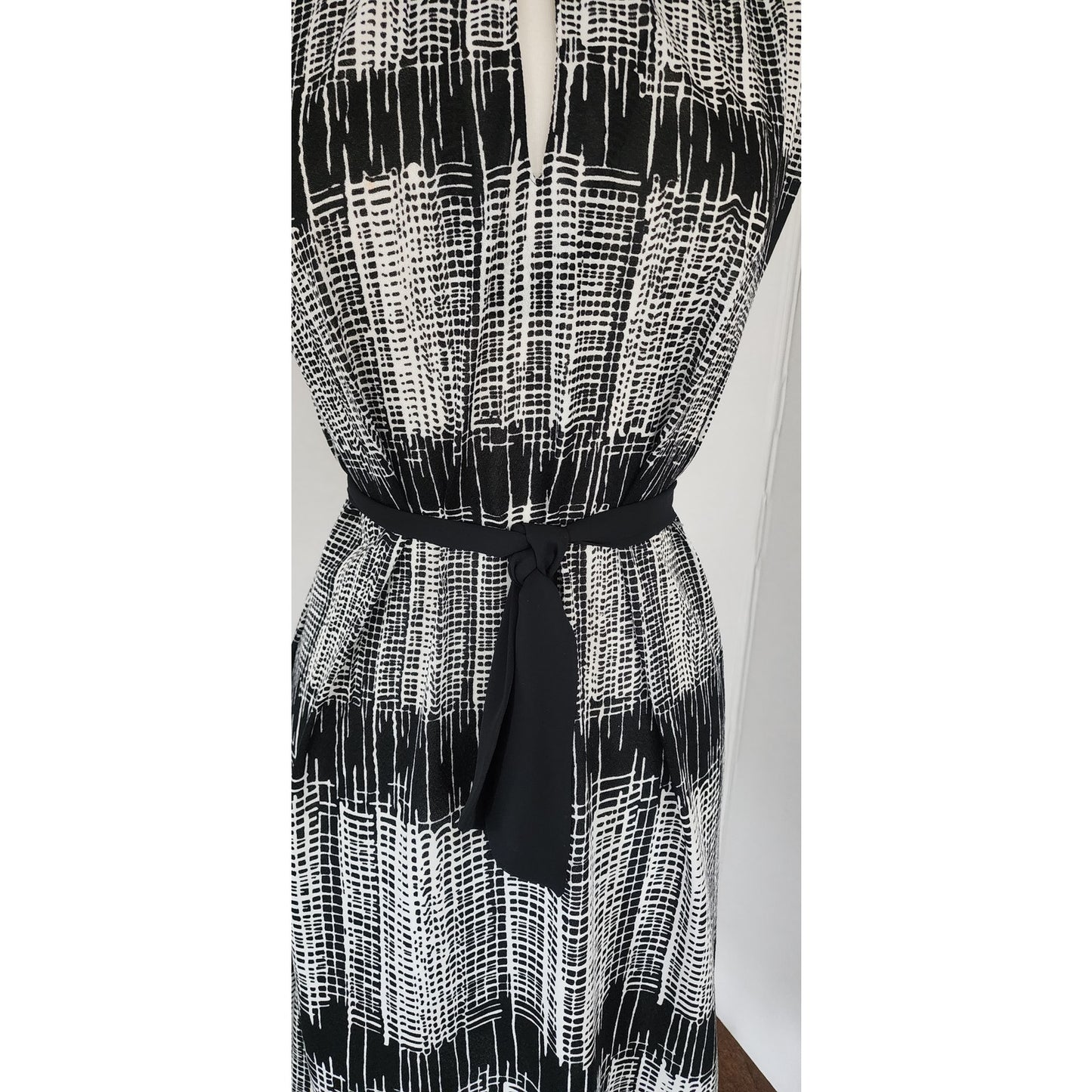 Vintage 70s Day Dress Black White Stripe, Belted,  Lady Page