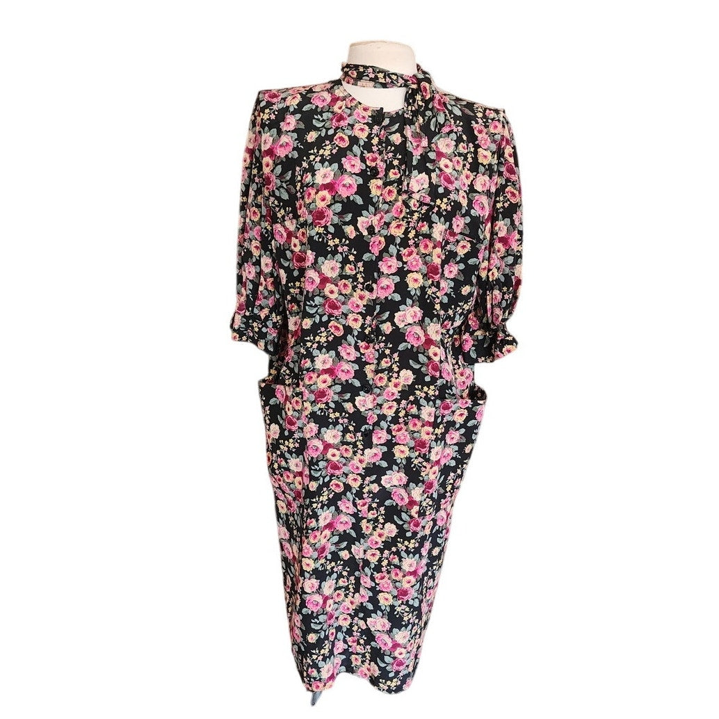 Vintage 80s UNGARO Silk Floral Print Dress Necktie Sash Button Down Front