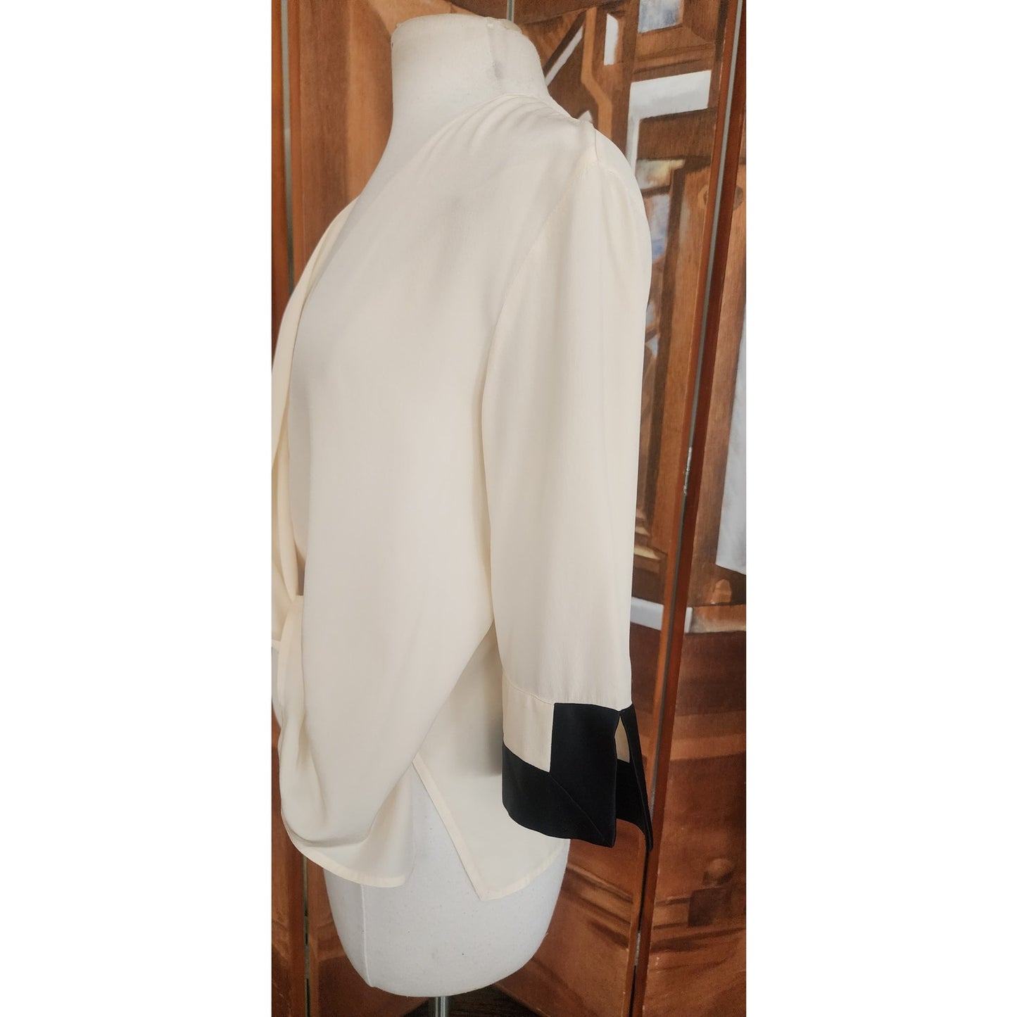 Vintage 90s Gianfranco Ferre Cream Silk Wrap Blouse Black Cuffs Asymmetrical Top