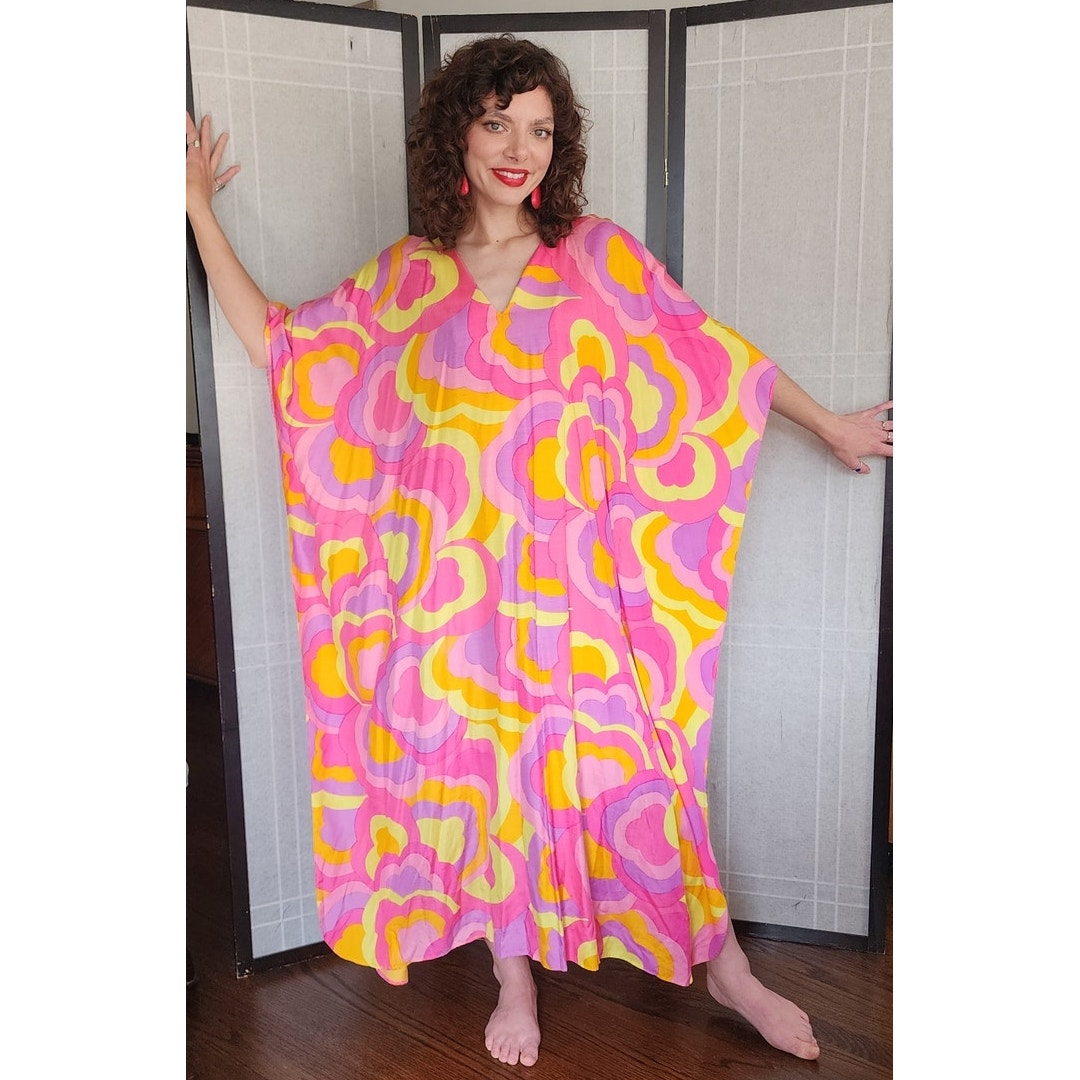 60s Silk Caftan Dress Pink Yellow Psychedelic Print Lord & Taylor