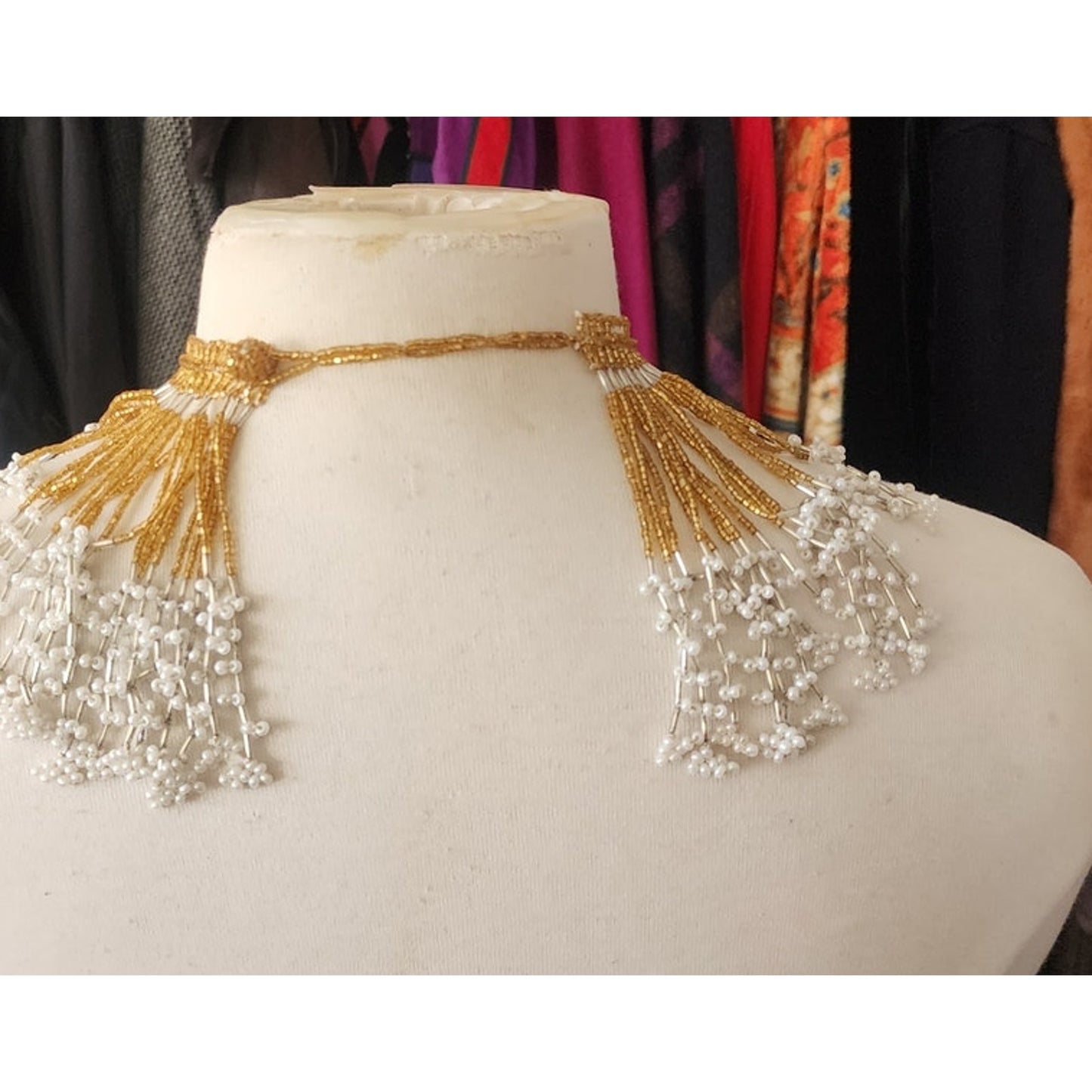 Vintage Bib Necklace Boho Fringed Beaded Collar Choker Gold Maximalist Egyptian