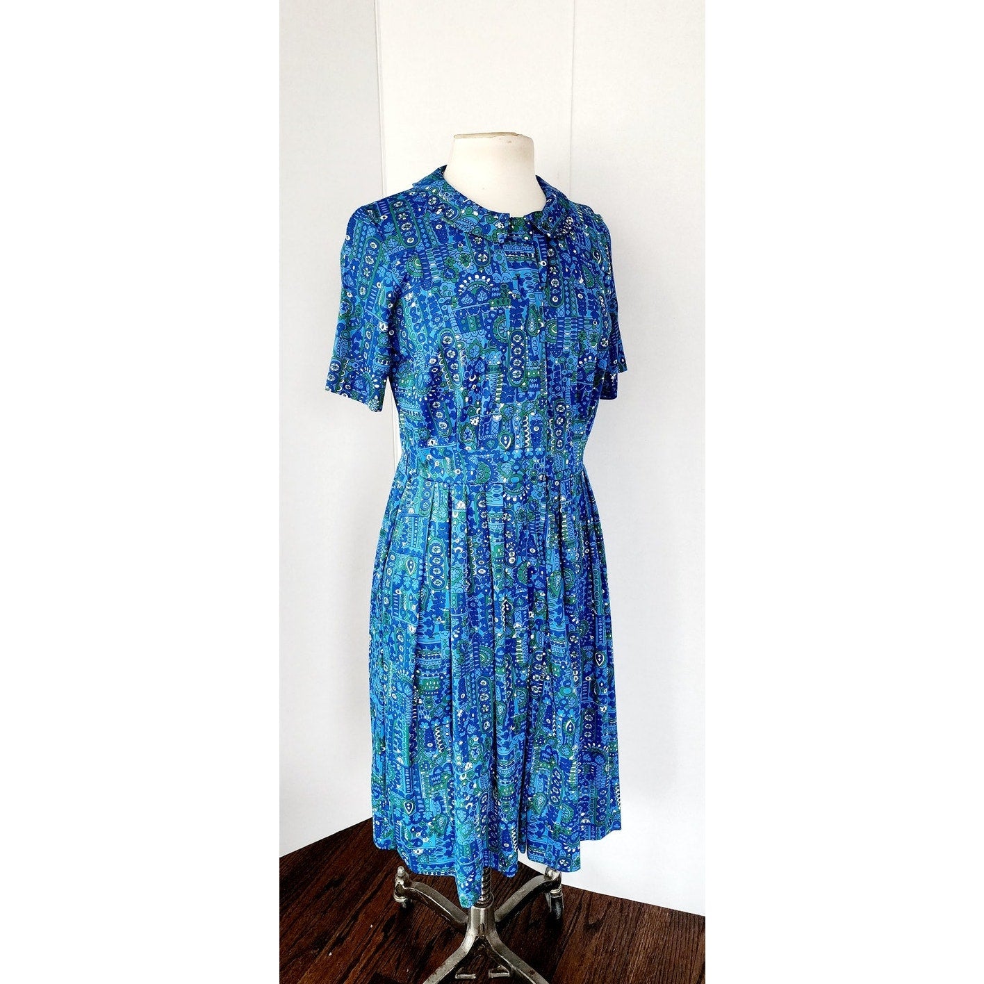 Vintage 60s Blue Dress Novelty Print Flower Power / Shelton Stroller / M