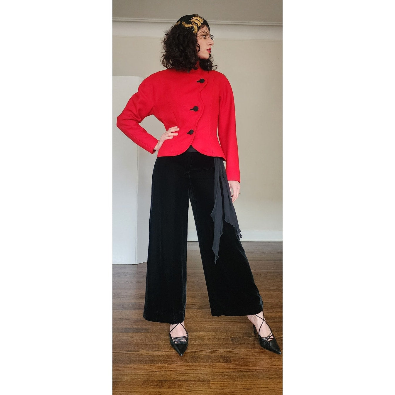 Vintage 1980s Guy Laroche Fitted Blazer Red Wool Jacket Diagonal Buttons / M