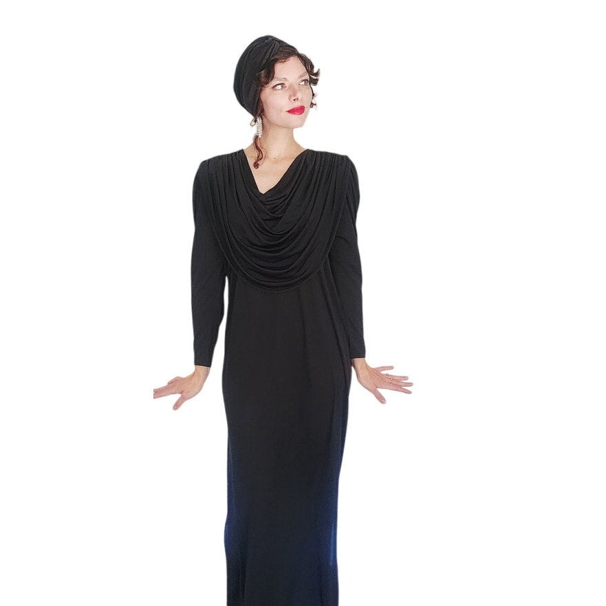 Vintage 1980s Oscar de la Renta Evening Dress Black Liquid Jersey Rhinestones Cowl Neck M