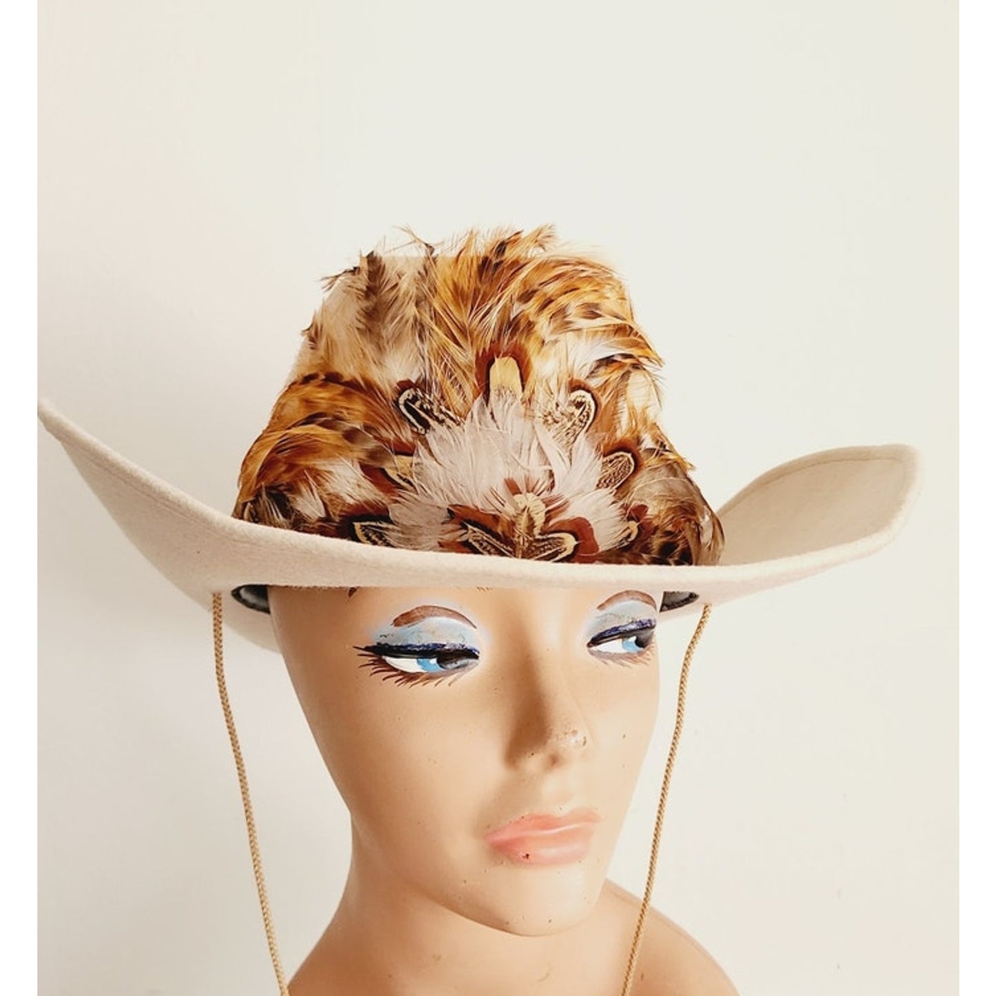 Vintage Beige Cowboy Hat w/Feather by Rockmount Wind River 1850 Size 7 1/4 Mens Unisex