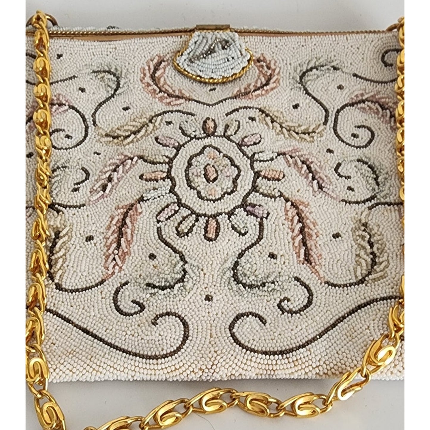 Vintage 50s Evening Bag in White Microbeads France Elaborate Scrollwork Octopus