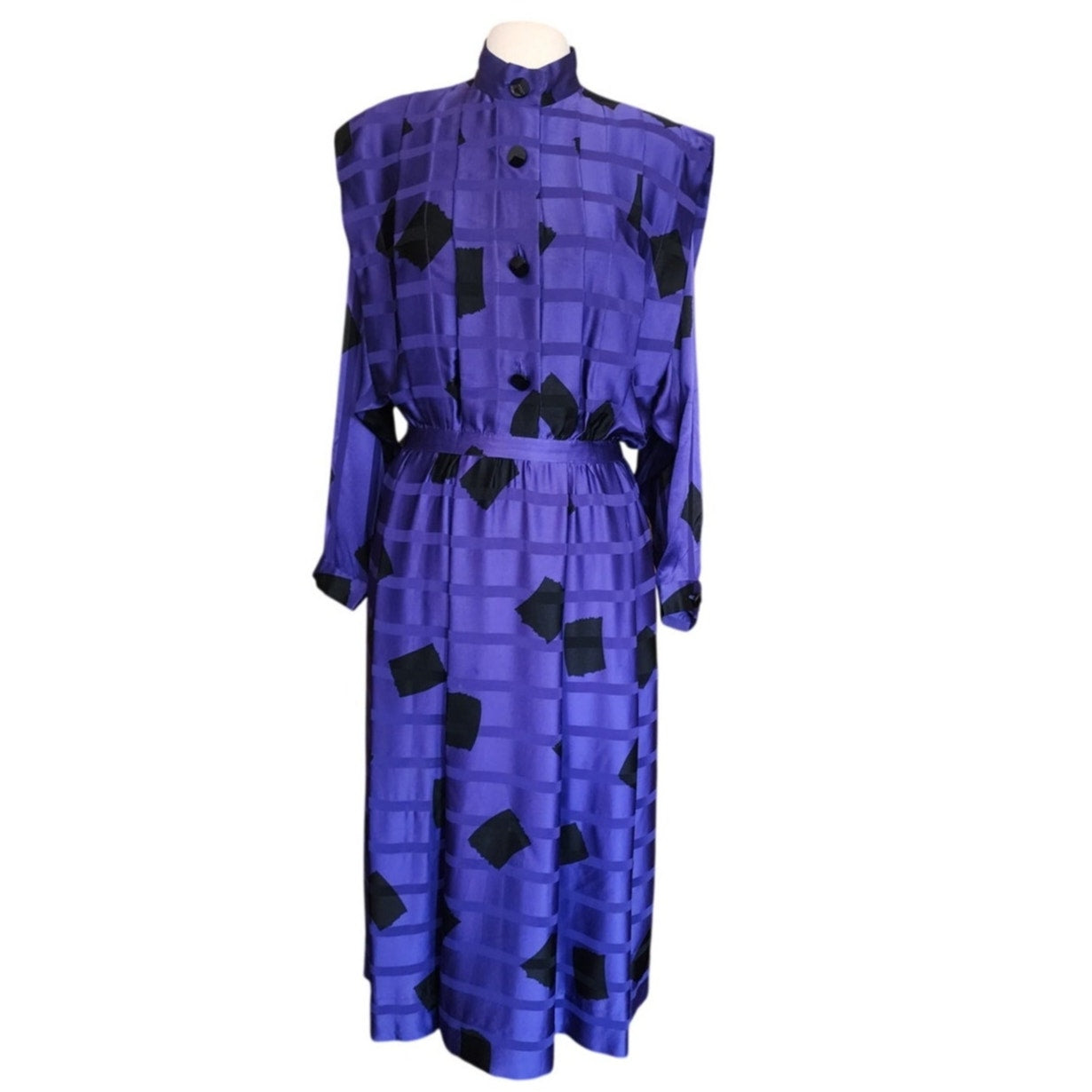 Vintage 80s Blue Geometric Print Silk Dress Button Down Shirt Dress Albert Nipon