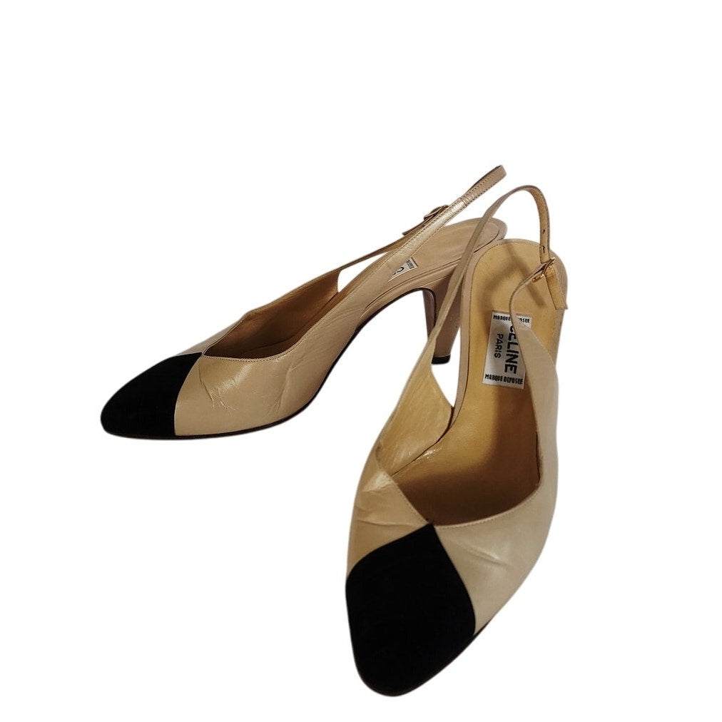 Vintage 1990s CELINE Paris Slingback Shoes Two Toned Black Cream Kitten Heel 7.5
