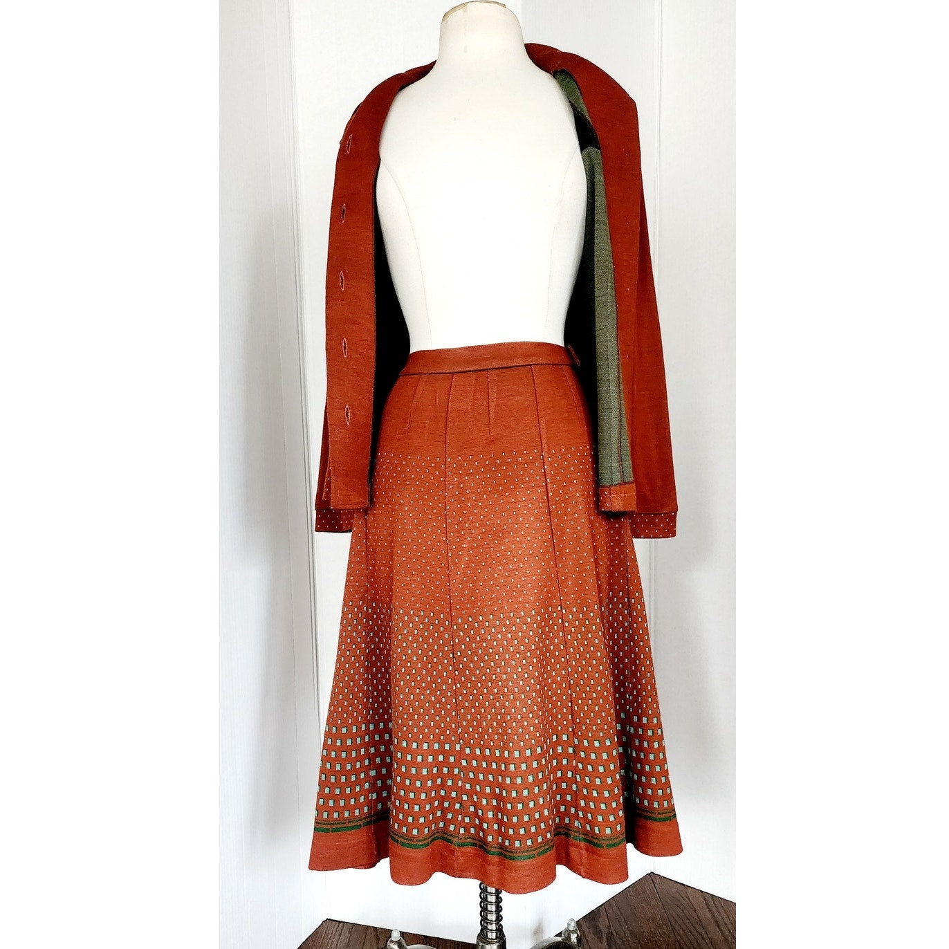 Vintage 70s Skirt Suit Brown Green Knit Voga Creations