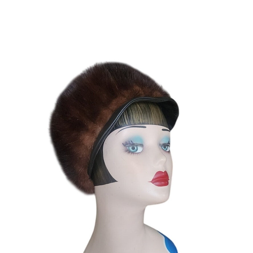 Vintage 1960s Mod Hat Brown Mink Fur Tam Marshall Field Co Chicago Winter Statement
