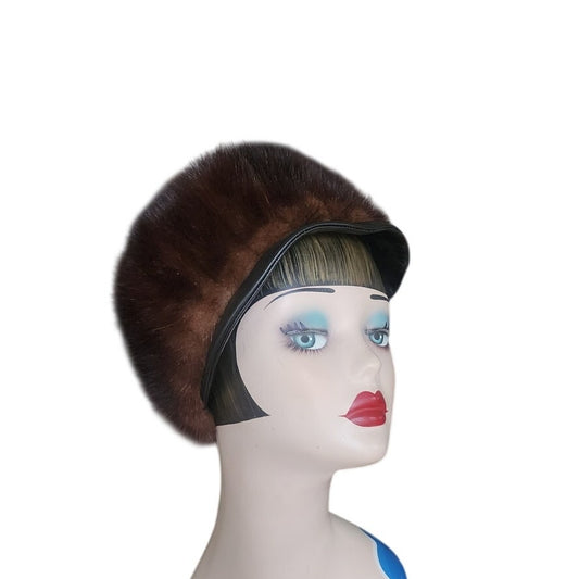 Vintage 1960s Mod Hat Brown Mink Fur Tam Marshall Field Co Chicago Winter Statement