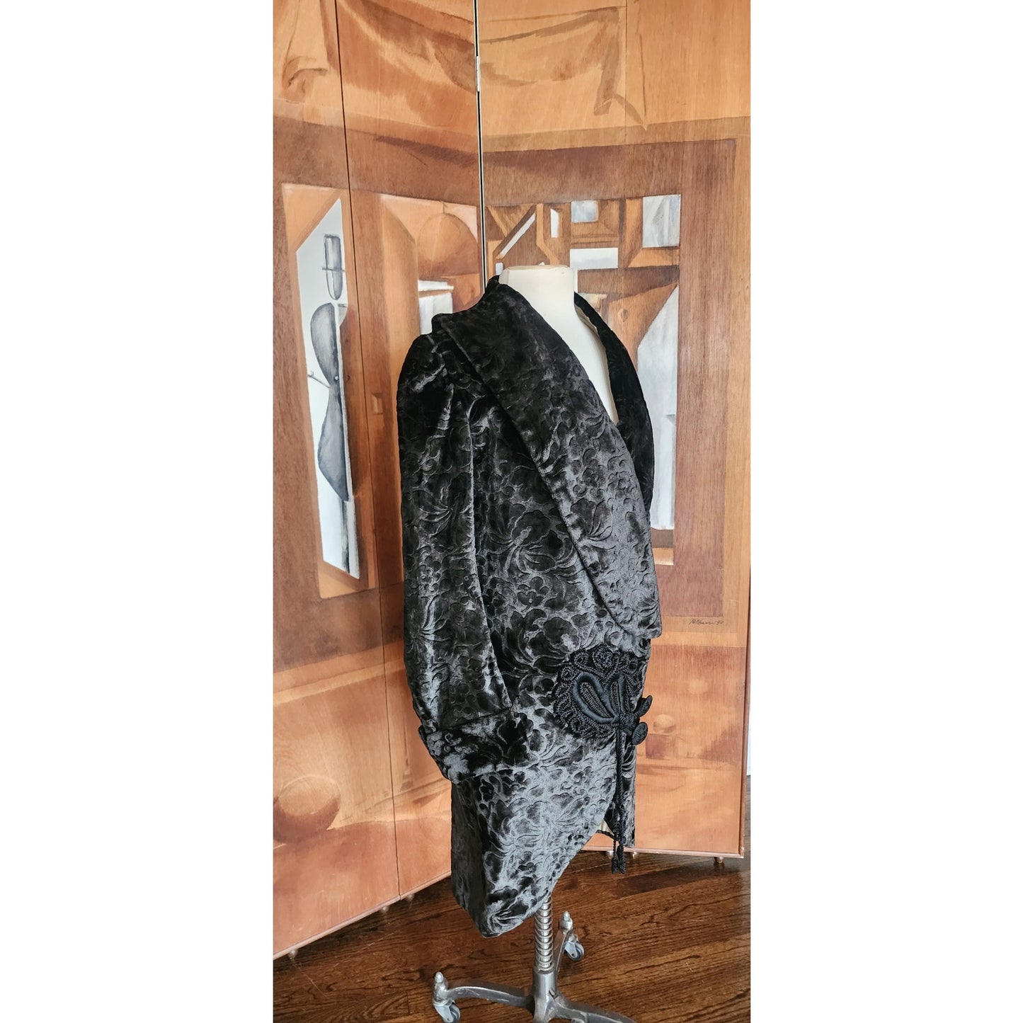 Antique 1910s 20s Edwardian Art Deco Black Textured Silk Velvet Opera Coat Frock Jacket with Silk Chord Knot Closure