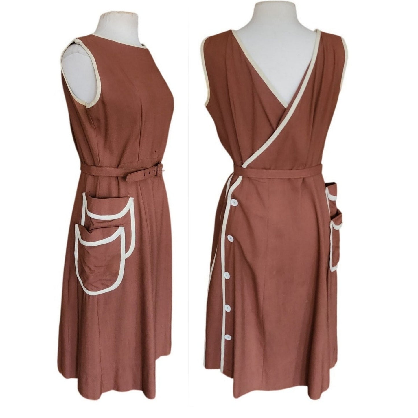 Vintage 40s Belted Day Dress in Brown & White Trim Unusual Double Pocket Design by Dawncrest