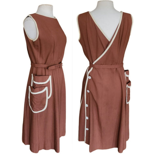 Vintage 40s Belted Day Dress in Brown & White Trim Unusual Double Pocket Design by Dawncrest