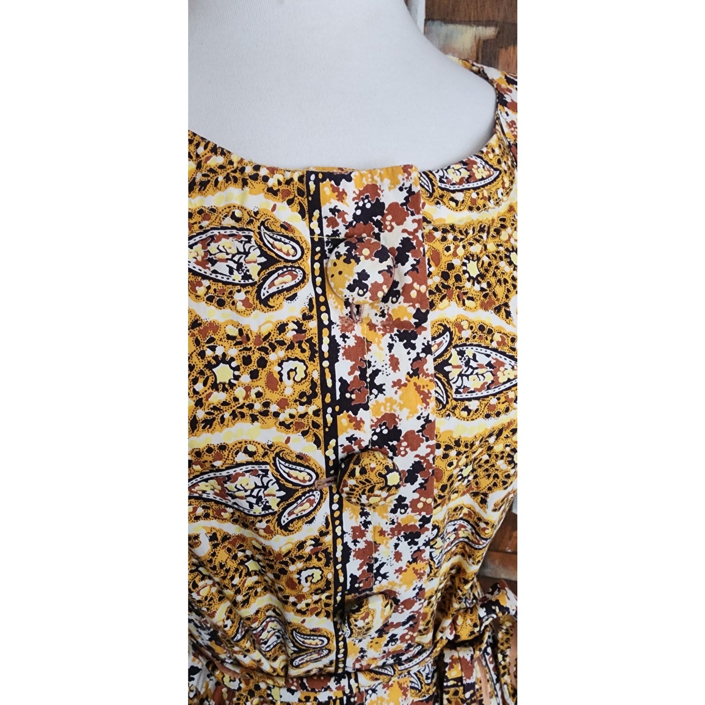 Vintage 50s Cotton Print Day Dress Yellow Black Paisley Print Shirtdress / M