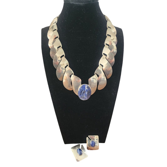 Vintage 1980s FLORELLE Necklace Earring Set Sterling Silver & Blue Sodalite Maximalist Statement Jewelry
