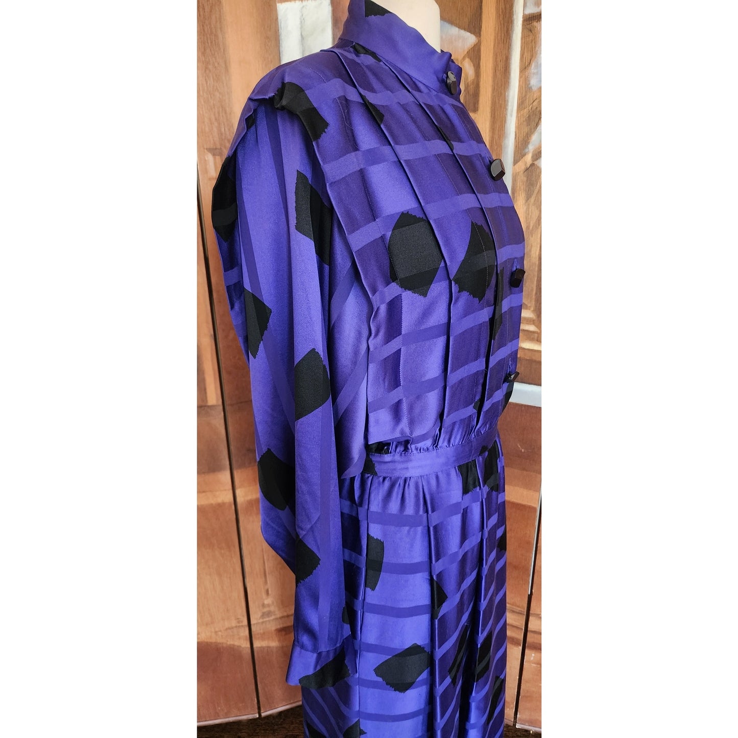 Vintage 80s Blue Geometric Print Silk Dress Button Down Shirt Dress Albert Nipon