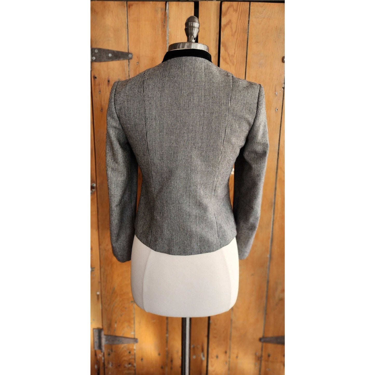 Vintage 80s Fitted Blazer Gray Houndstooth Wool Russ Petites