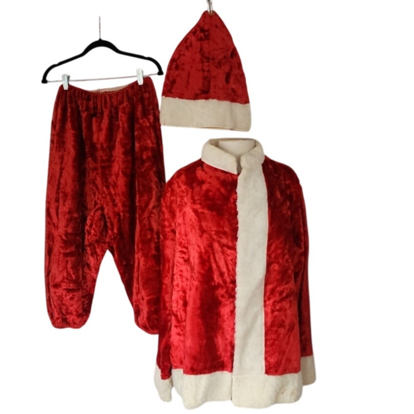 Vintage Santa Claus Costume Jacket Pants Hat Red Velvet