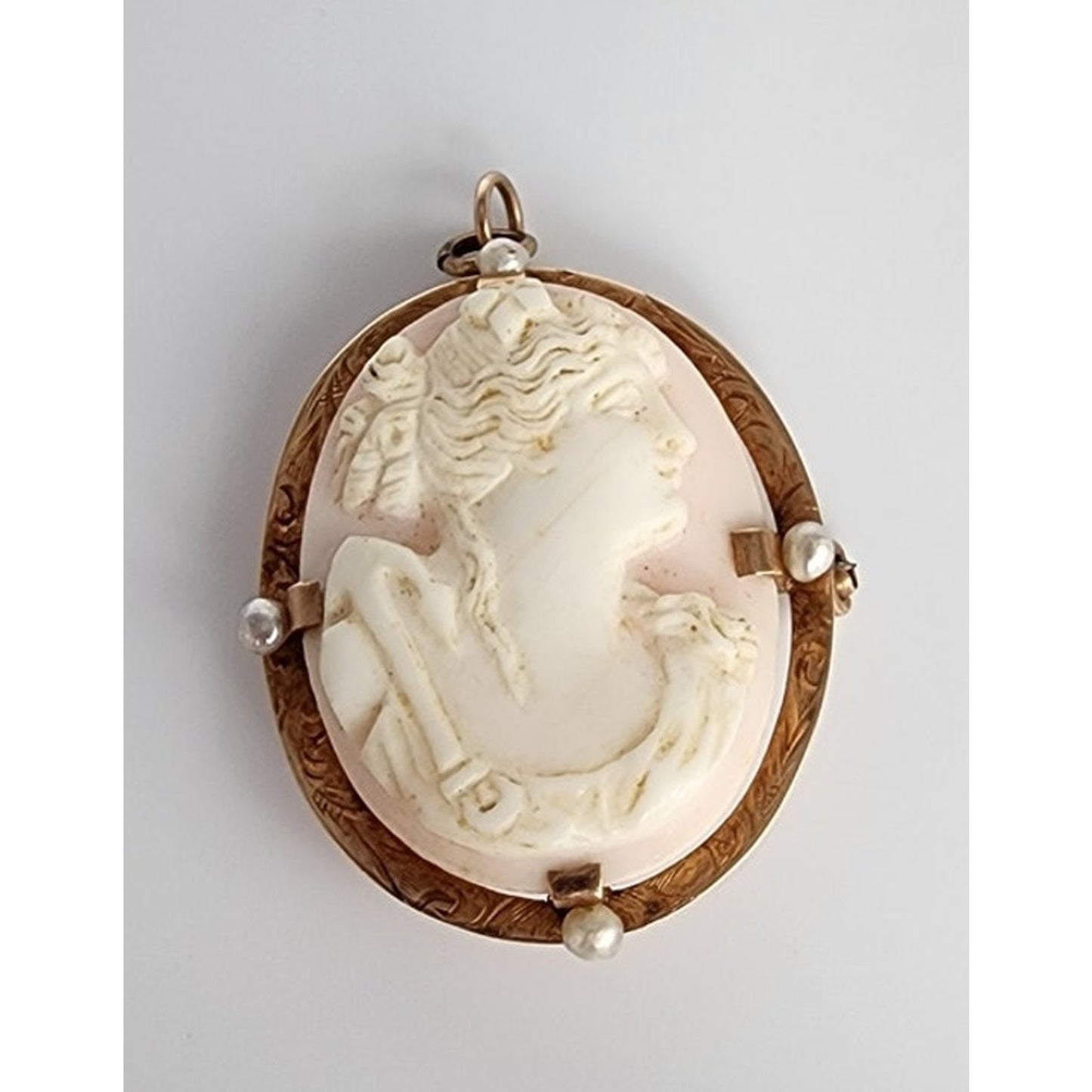 Antique 10K Gold Cameo Pendant Pin Edwardian Lady in Profile