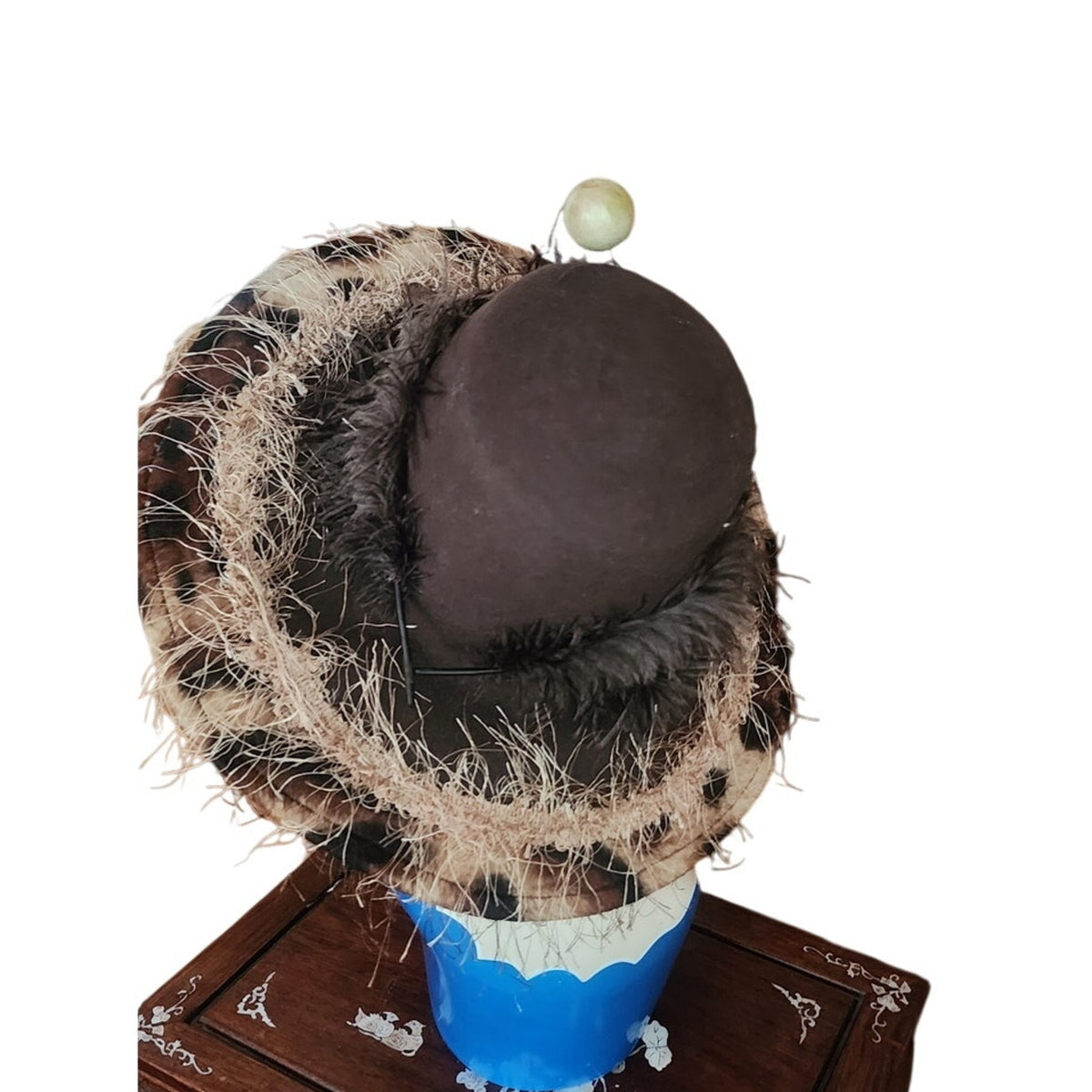 Vintage Y2K Oversized Hat Wide Brim Animal Print Feathers Handmade Chapeau Puccio