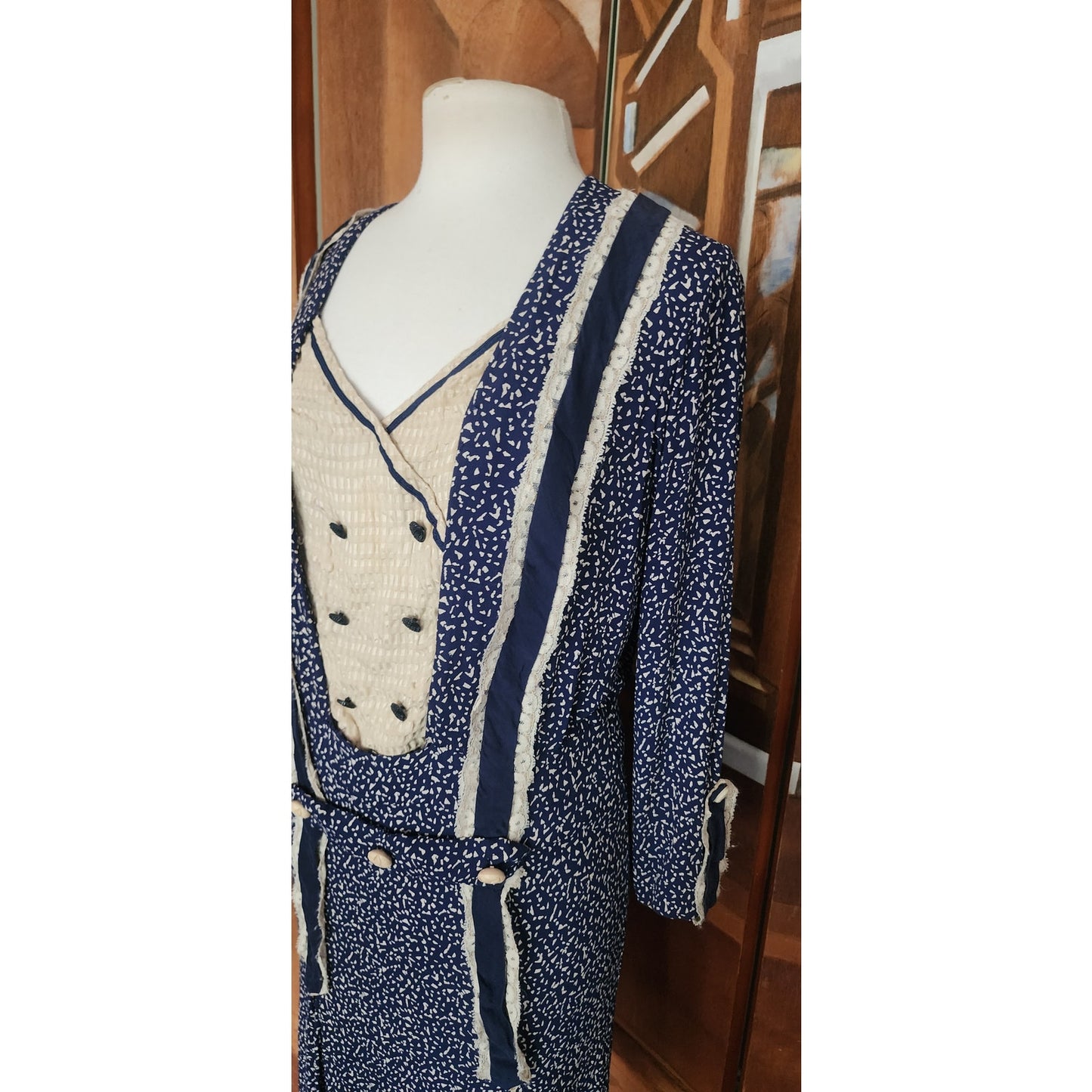 Vintage 1920s Day Dress Silk Print Navy Blue Polkadot Micro Dot Long Sleeves / S