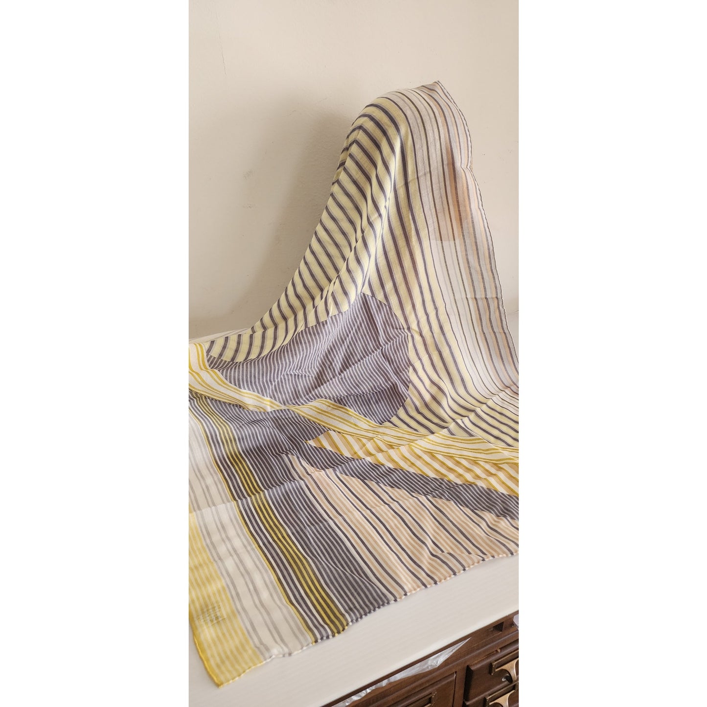 Vintage Nina Ricci Cashmere Silk Scarf Shawl Yellow Gray Stripe
