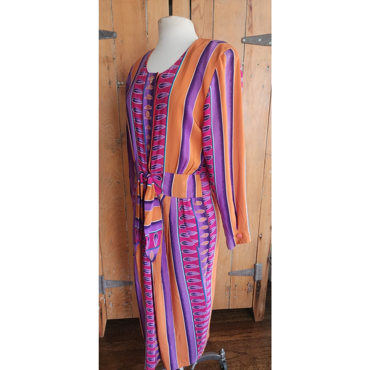 Vintage 1980s Silkprint Dress Purple Orange Stripe Secretary Style Sady King