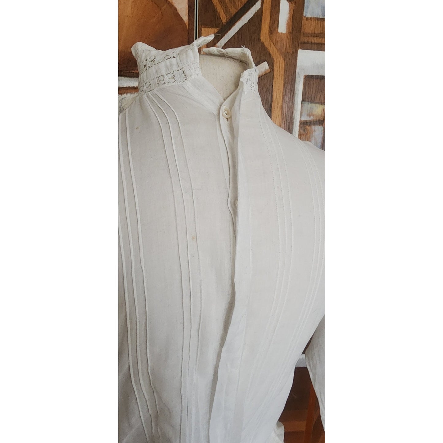 Antique Edwardian Blouse Embroidered White Cotton Lace High Neckline