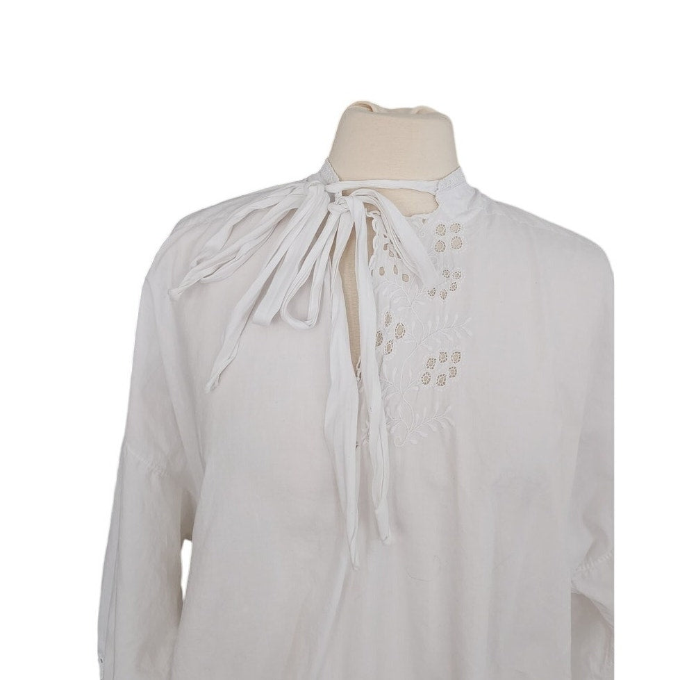 Antique Poet's Blouse / White Cotton Tunic Shirt w/ Embroidered Crochet Lace Sash Tie Neck