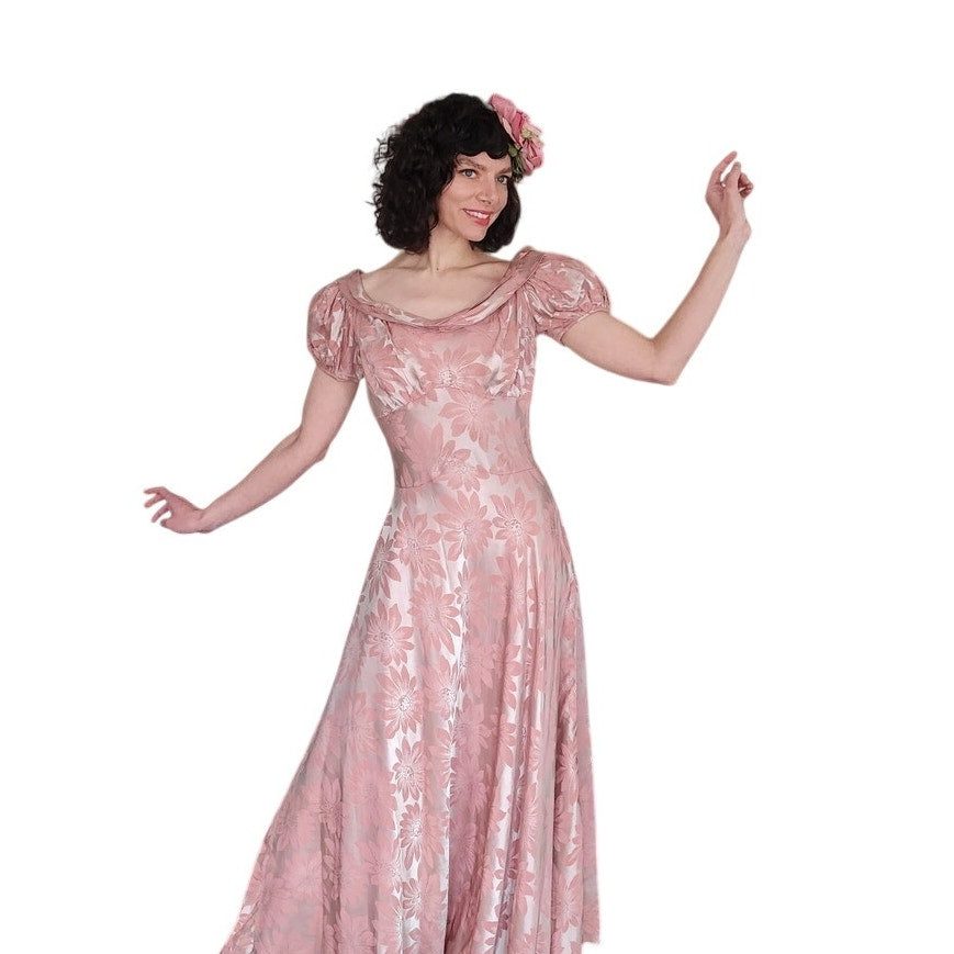 Vintage 30s Vintage Pink Floral Satin Evening Gown Old Hollywood Prom Dress