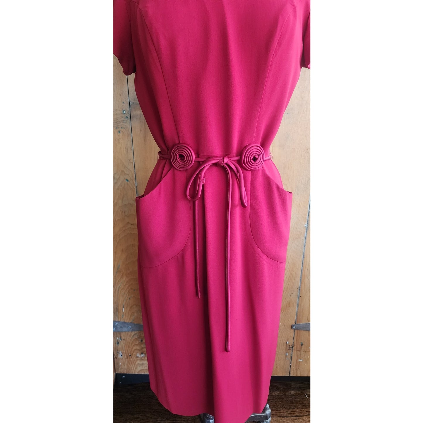 Vintage 40s Dress Red Rayon Short Sleeves Spiral Applique