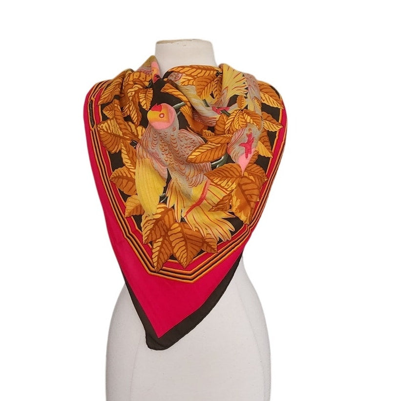 Vintage HERMES Scarf Les Perroquets Cashmere Silk Parrots Birds Orange Yellow Carre Foulard Joachim Metz