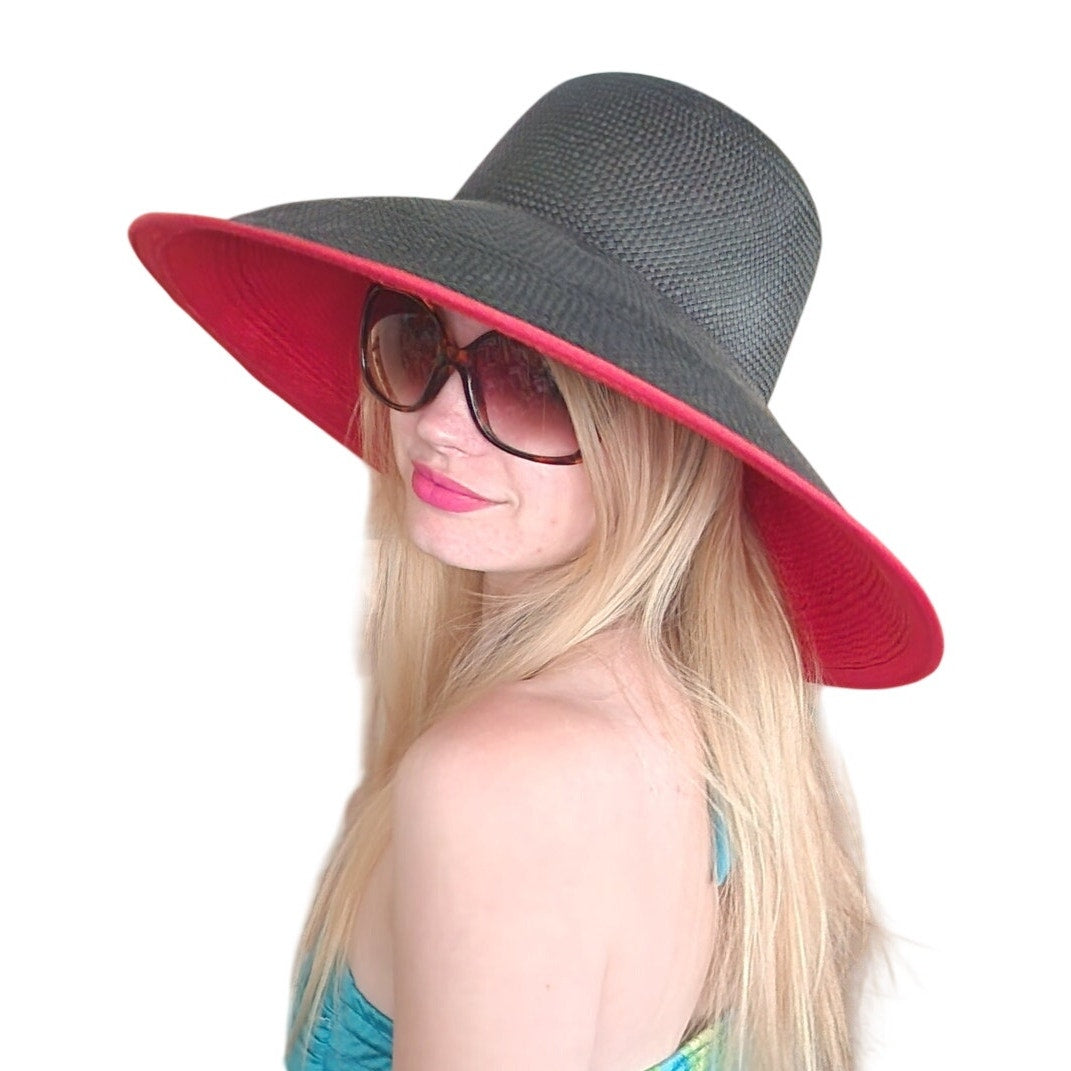 Vintage 1980s Kokin Hat Wide Brim Sun Straw Fuchsia Red Black Summer Oversized