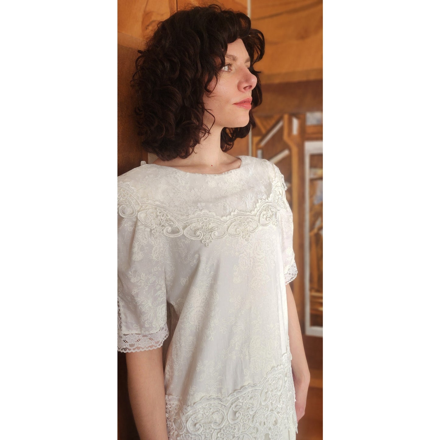 Vintage 80s Scott McClintock White Lace Dress Drop Waist Puffed Sleeves NWT