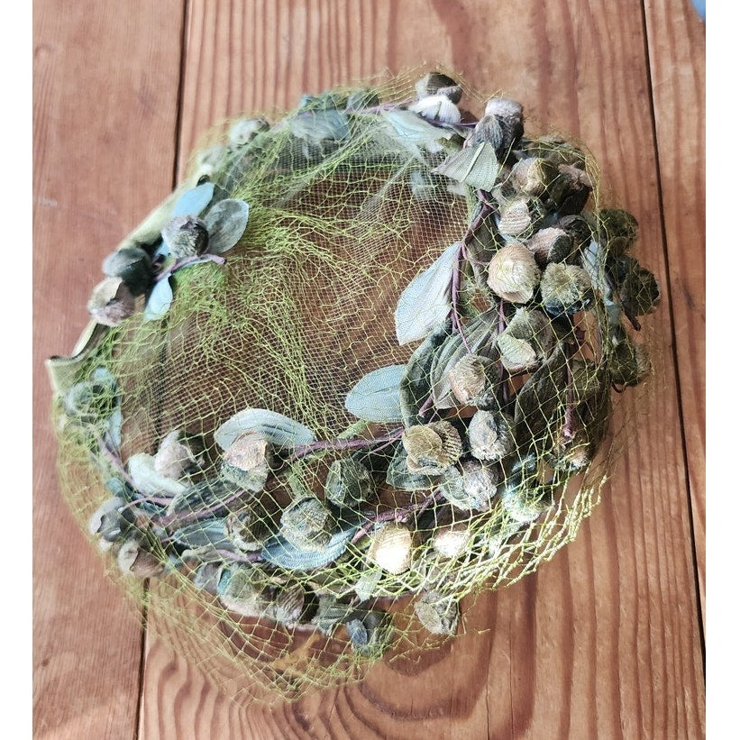 Vintage 1950s Green Hat Floral Fruit Crown Circlet Fascinator w/Veil by Chapette