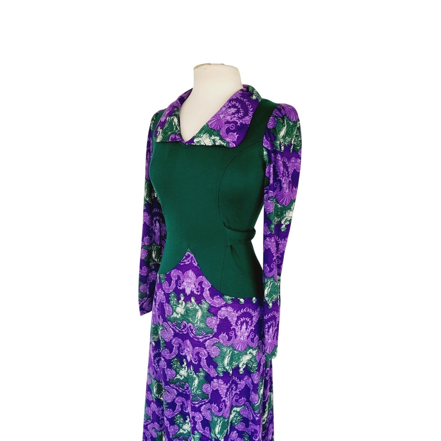 Vintage 70s Maxi Dress Purple French Toile Print & Hunter Green Jody California