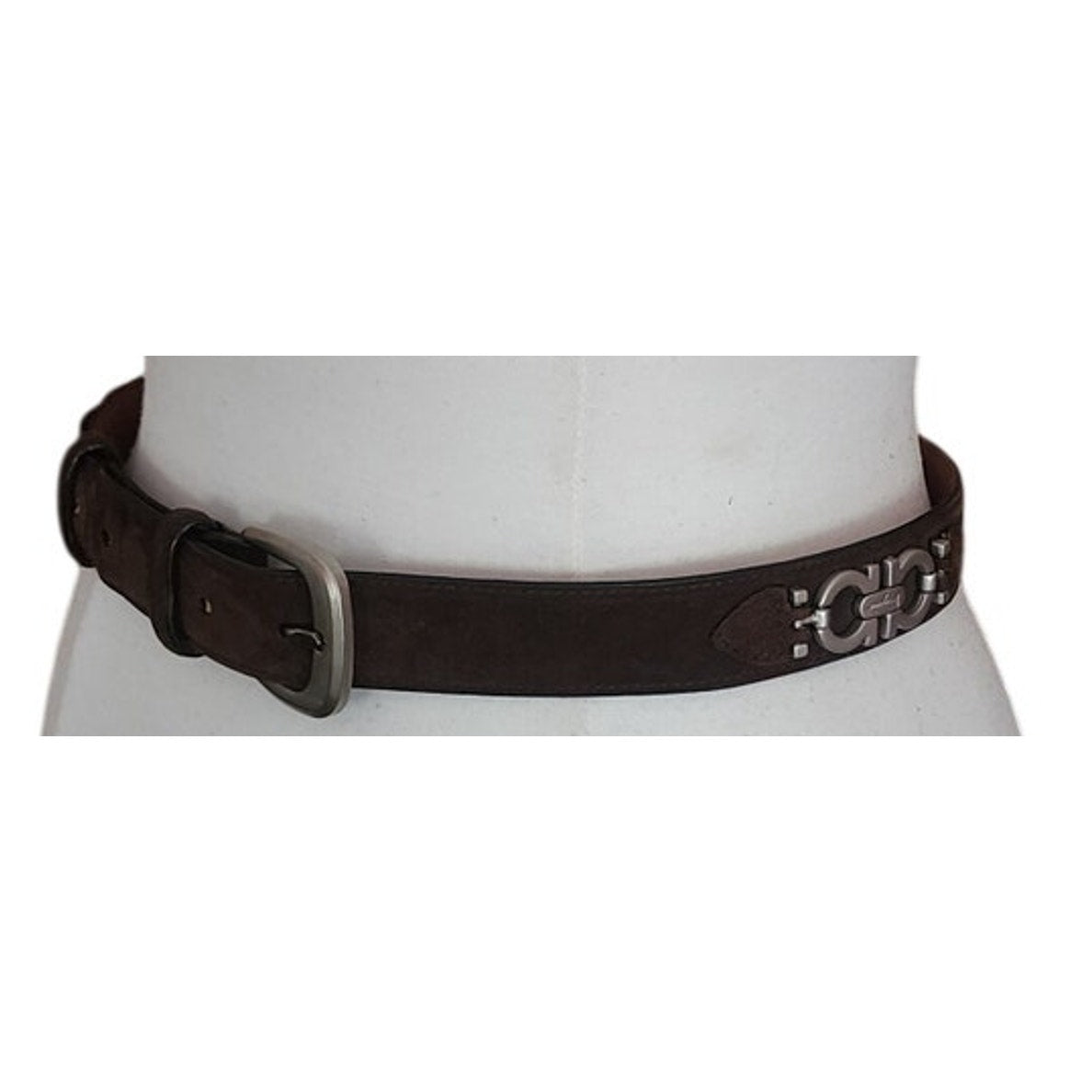 Vintage 1990s Ferragamo Belt Brown Suede + Silver Gancini Concho Panels Size 32