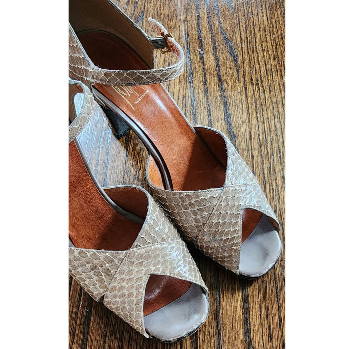 Vintage 70s Shoes Beige Mary Jane High Heel Sandals Snakeskin Joseph